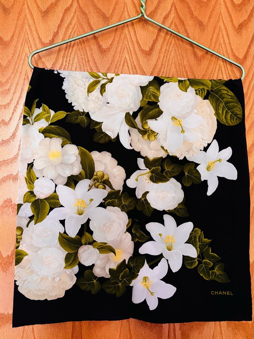 CHANEL Black 100% Silk Scarf with White Floral Motif 38” x 38”